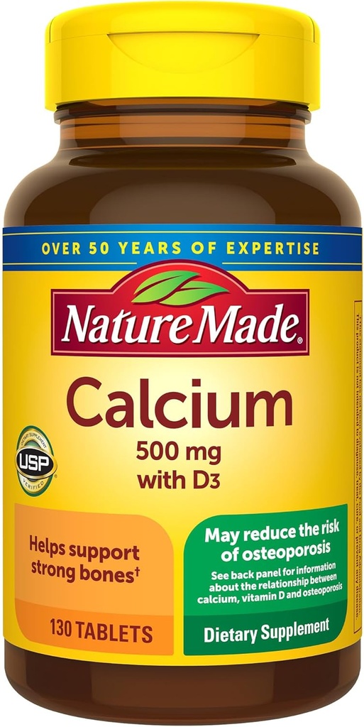 Nature Made Calcio 500 mg con vitamina D3, Suplemento dietético para el soporte de huesos, 130 Tabletas