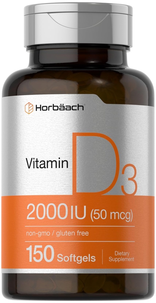 Horbaach Vitamina D3 2000IU Softgels Silencio 150 Conde ← 50mcg Cholecalciferol Silencio No GMO &amp; Gluten Suplemento Gratis