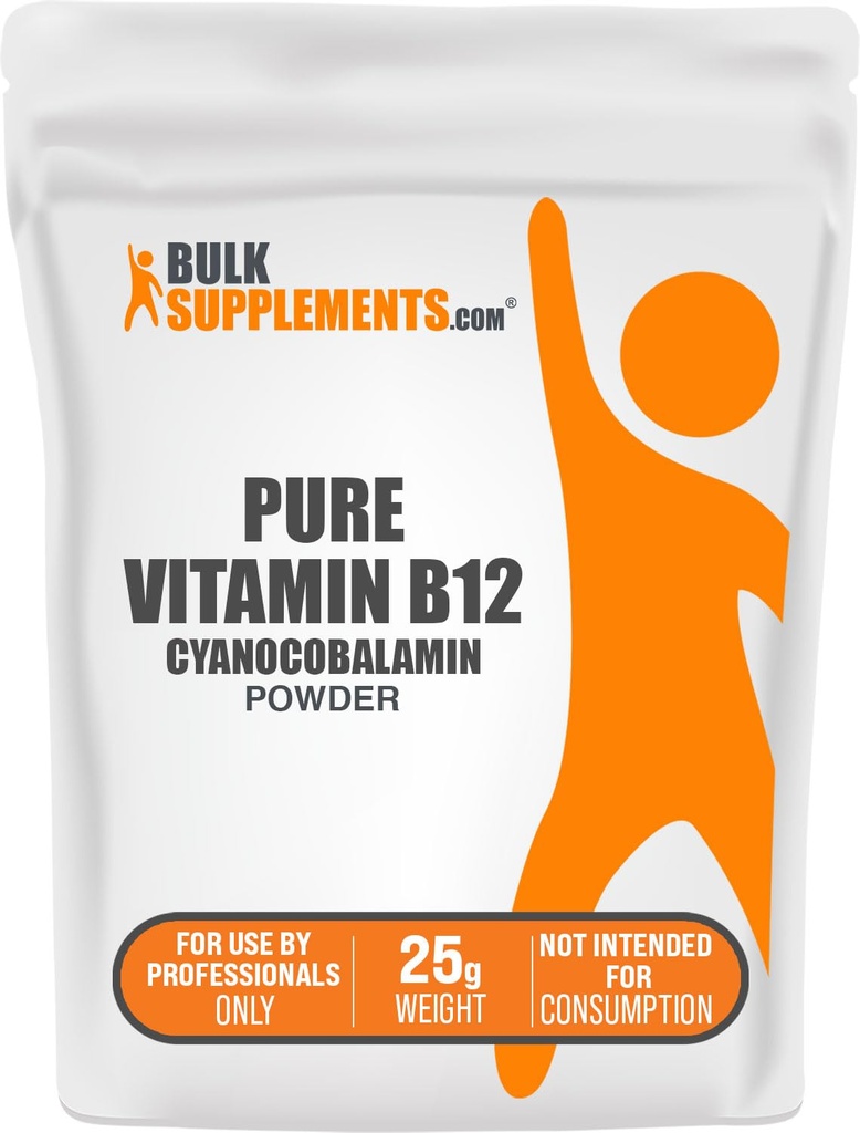 BulkSupplements.com Puro Vitamina B12 Polvo - como Cianocobalamina, Suplementos de vitamina B, Cianocobalamina B12 Suplemento - Producto puro, Múltiples Serviciones, 25g (0.88 oz) (Pack de 1)
