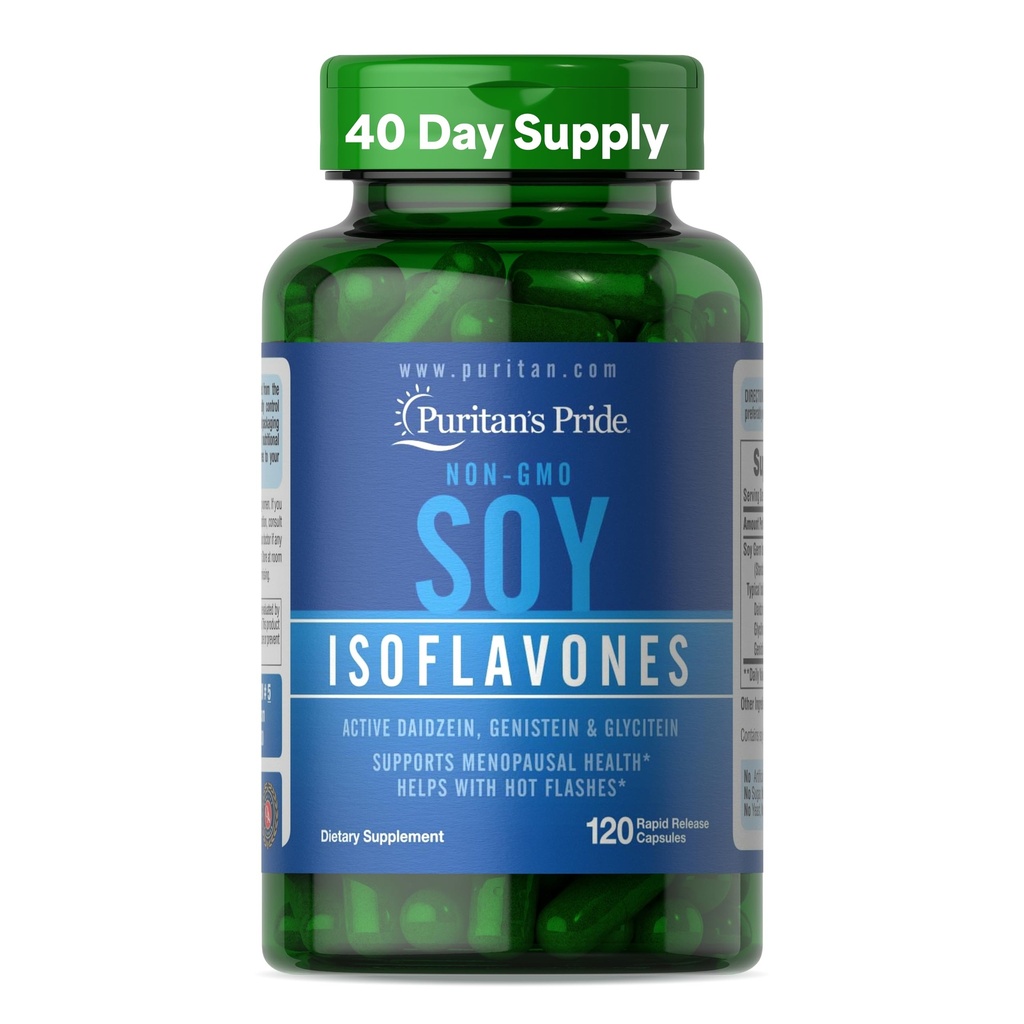 Puritan's Pride Non-GMO Soy Isoflavones 750mg, Suplemento dietético con Active Daidzein, Genistein y Glycitein soporta Menopause y Hot Flashes, 120 cápsulas de liberación rápida