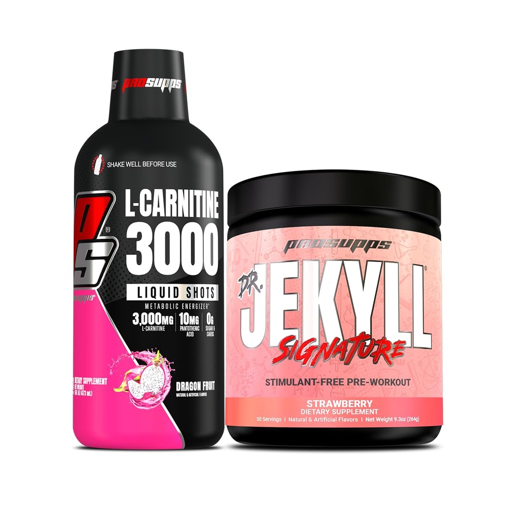 PROSUPPS L-Carnitine 3000 Stimulant Free Liquid Shots (31 Servings, Dragon Fruit) y Mr. Hyde Signature Series Pre-Workout Energy Powdered Drink (30 Servings, Strawberry) Bundle
