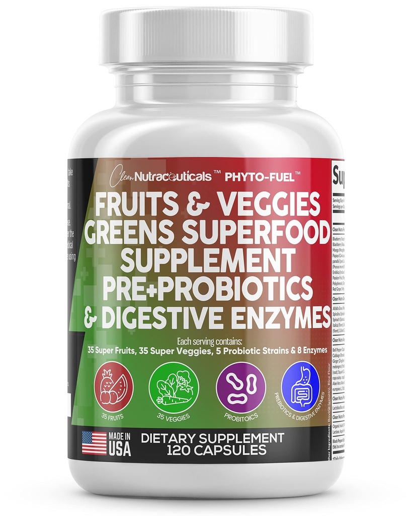 Nutracéuticos limpios Frutas y verduras Suplemento Rojos &amp; Superalimentos Verdes - Saldo de más de 70 Suplementos vegetales de Frutas Cápsulas con Probióticos Prebióticos Enzymes Digestivos - 120 Ct USA