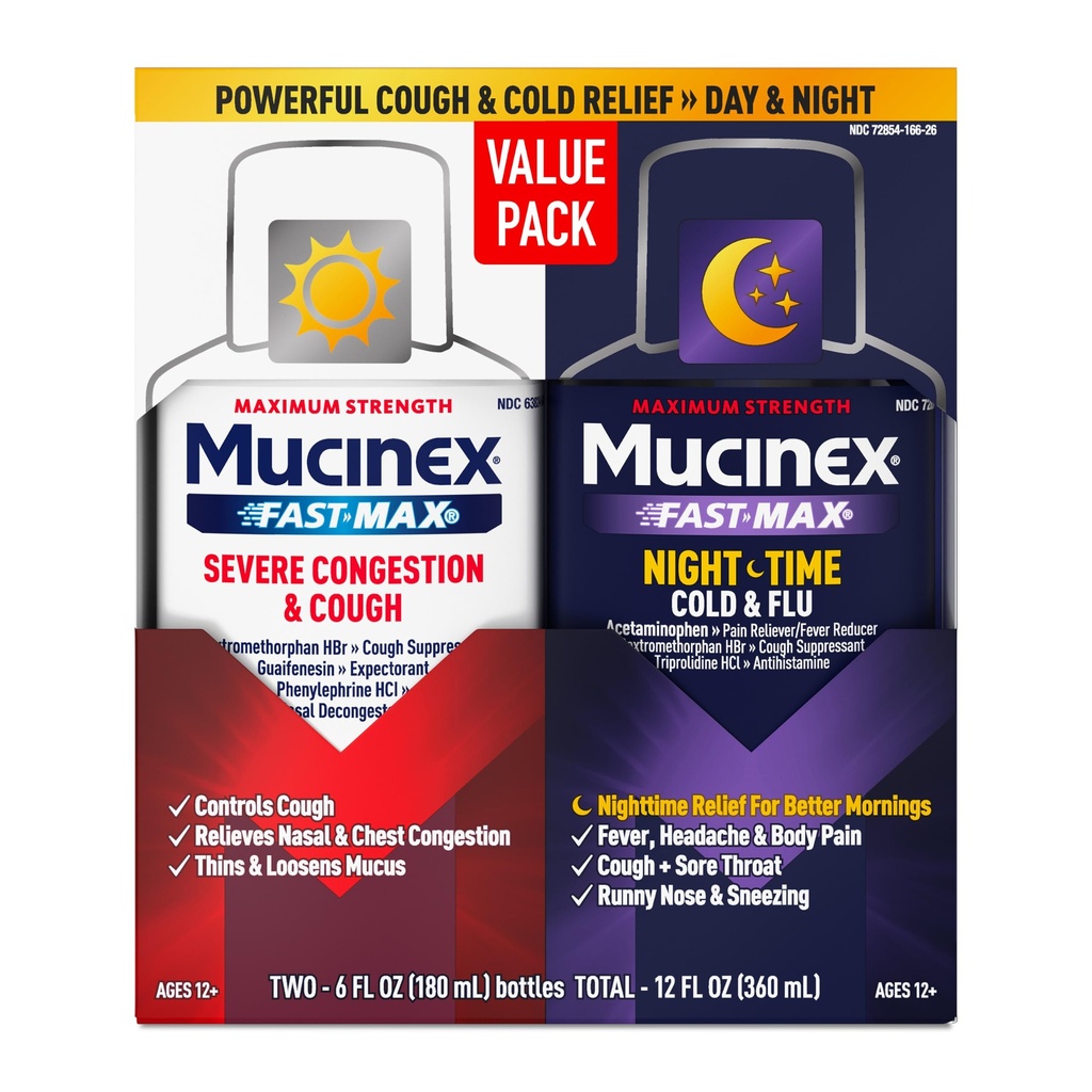 Mucinex Fast-Max &amp; NightShift Combo Pack - Max Strength Cough &amp; Cold Medicines For Mucus Relief, Chest Congestion, Nasal Congestion, Sinus Congestion, Sinus Pressure, Cough Symptom Relief (2x 6 FL OZ)