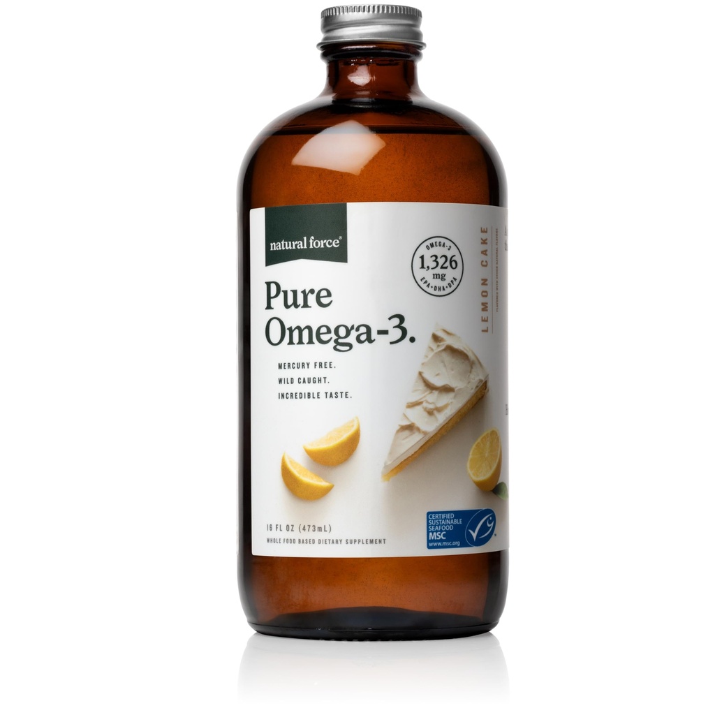 Natural Force Pure Omega 3 - Aceite de pescado líquido - Delicious Lemon Cake Flavor - Mercury Free, Wild Caught, Lab Tested - 1,326 mg Triglyceride EPA, DHA, & DPA - 16 Oz Glass Bottle