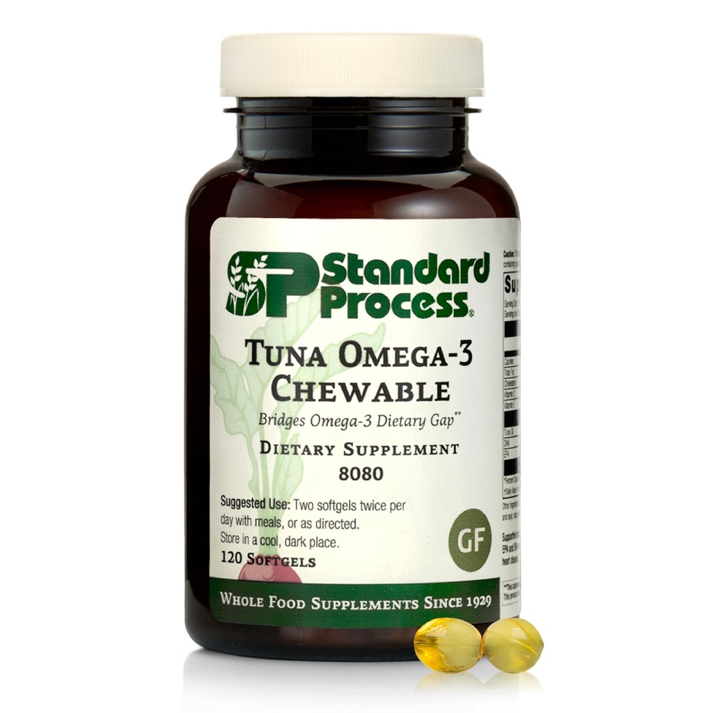Tuna de proceso estándar Omega-3 Chewable - Suplemento de aceite de pescado con DHA - Omega-3 Suplemento de apoyo Cerebro &amp; Ojo Salud - Excelente fuente de antioxidantes - Gluten-Free &amp; Non-Dairy - 120 Softgels