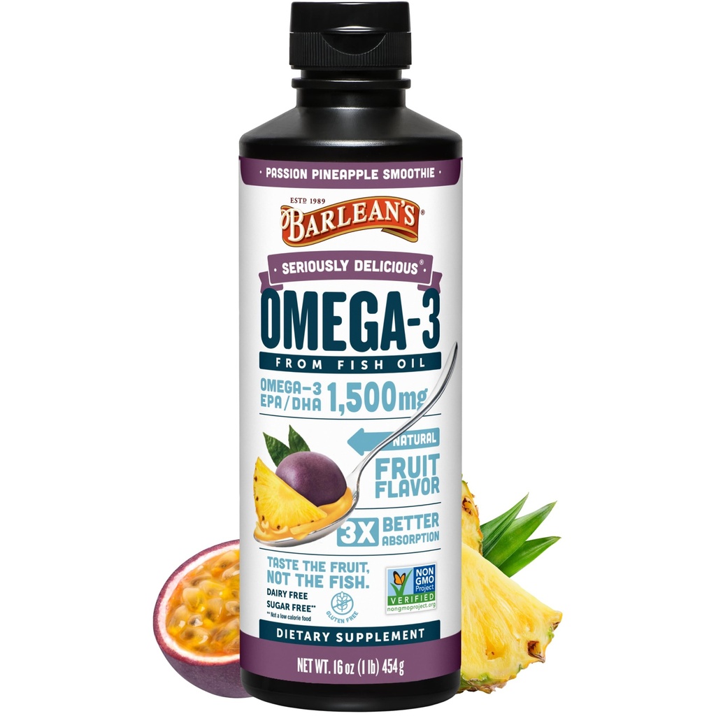 Suplemento líquido de aceite de pescado Omega 3 de Barlean para hombres y mujeres, piña de pasión, 1500 mg EPA y DHA Fatty Acid, 16 oz