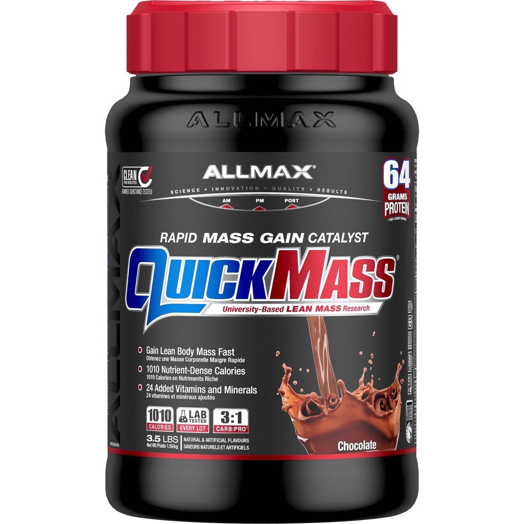 ALLMAX QUICKMASS, Chocolate - 3.5 lb - Catalyst de Ganancia de Masa Rápida - Hasta 64 Gramos de Proteína Por Servir - 3:1 Carb a Protein Ratio - Zero Trans Fat - Hasta 24 Servimientos