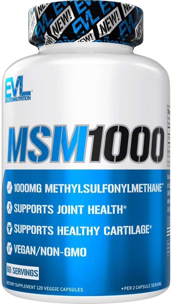 Evlution Nutrition MSM1000-1000 MG Suplemento Methylsulfonylmethane - Asistencia sanitaria conjunta - Suplemento de cartílago - Cápsulas de MSM Vegan + No GMO - 60 Actuaciones