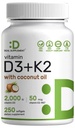 SUPLEMENTO DEAL Vitamina D3 2,000 UI + K2 MK7 50mcg Softgels TENIDO Complejo 2-en-1 con aceite de coco virgen ANTE soporta el corazón, el hueso, el tejido &amp; la salud inmunitaria