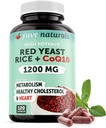100% Natural de Levadura Roja 1200 mg con CoQ10 100 mg, 2 en 1, Mantener niveles saludables de colesterol - 120 cápsulas de verduras