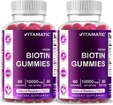 Vitamatic Biotin Gummies 10,000 mcg for Stronger Hair, Skin & Nails - 60 Gummies Vegan - También llamada Vitamina B7 (2 Botellas)