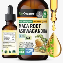 BIO KRAUTER Maca Root y Ashwagandha Tincture - Maca & Ashwagandha Suplementos para Hombres " Mujeres - Suplemento líquido para el apoyo al mood - Alcohol y azúcar gratis - Vegan Drops 2 Fl.Oz.