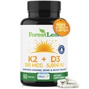 ForestLeaf Vitamin D3 + K2 (MK7) Suplemento - MenaQ7 - Calcio y Vitamina D3 5000 UI Max Absorción - Teeth and Bone Strength, Heart Health, Immune System Support - 60 cápsulas vegetales