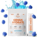 The Genius Brand - Genius Hydrate Stick Pack Powder Drink Mix – Blue Raspberry Flavor, Natural Electrolyte Booster con Coconut Water & Potassium for Ultimate Hydration - 20 Packets