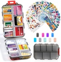 14 Grids Travel Pill Organizer Box con 415-Pcs Medicine Name Labels - Pocket Daily Pharmacy Case Container Kit - Travel Medication Holder Dispenser for Fish Oil Vitamin Storage Supplement -Clear Grey