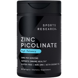 Sports Research® Zinc Picolinate 50mg w/Organic Coconut Oil, 60 Softgels