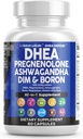 DHEA 200mg Suplemento Pregnenolona 100mg para Hombres &amp; Mujeres con DIM Ashwagandha Boron 6mg Complejo Calcio Magnesio Zinc 50mg Vitamina D3 5000 UI Hormona Soporte Cápsulas Hecho en USA 60 Con