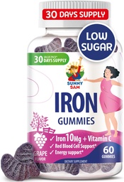 SUNNY SAM Iron Gummies for Kids &amp; Adults - Vitaminas de hierro con vitamina C, 10 mg por ser - Chewable Fruit Gummy for Immune Support Red Blood Cell Production