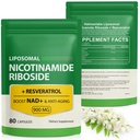 Suplemento NAD con Nicotinamide Riboside - Resveratrol,Liposomal Nicotinamide Riboside,Quercetina - Suplemento NAD de alta pureza para Anti-Envejecimiento, Focus, Energía 160 cápsulas (2 Bolsa)