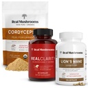 Real Mushrooms RealClarity (60ct) " Lions Mane (120ct) Capsules w/Cordyceps Powder Bundle - Mushroom Supplement for Mental Clarity, Focus, Cognition, Energy " Vitality - Vegan, Non-GMO