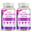 Multi Collagen Peptides Softgel - Tipo I, II, III, V, X - Péptidos de colágeno hidrolizado con biotina, vitamina C, ácido hialurónico, soporta uñas de pelo de piel, grano, no GMO, 60 Softgel, 2 Pack