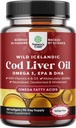 Islandiaic Cod Liver Oil Softgels - Wild Caught EPA DHA Omega 3 Fish Oil 1000mg por por porción - Sosteniblemente Fuentedo Burpless Fish Oil Suplemento con vitamina D3 &amp; A para el cerebro conjunto del corazón &amp; Immune Support