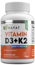 Vitaminas HAYAT Vitamina Vegan D3+K2 (5000 UI + 100 MCG), Suplemento dietético para bonificación, dientes, musculoso y soporte de salud inmune, 2 meses de suministro, haal certificado, 60 cápsulas, hechos en los EE.UU.