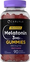 Carlyle Melatonin Gummies 3mg  90 Conde ← Fruit Flavor Gummy Suplemento Silencio 100% Drug Free Support ← Vegan, Non-GMO, Gluten Free