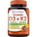 Recetas del médico Vitamina D3 K2, 10.000 UI, 200 mcg, MK-7, Densidad fuerte de los huesos, dientes, inmune, apoyo al corazón, energía, absorción de calcio, no soy " , no Gluten, 120 Softgels