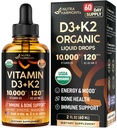 Vitamina D3 K2 USDA Las gotas orgánicas - Vitamina D3 10000 UI &amp; K2 como MK-7 120mcg - Immune &amp; Mood Support, Bone & Teeth Health - Sugar-Free Orange Flavor - Suplemento líquido - Made in USA - 2 FL OZ, 60 días