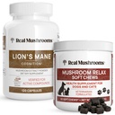 Reales Mushrooms Mane de León para los seres humanos (120ct) &amp; Mascotas Relaja (60 Chews) - Bundle for Cognition & Relaxation - Vegan, Non-GMO, Gluten-Free, Grain-Free Mushroom Extract Suplementos