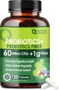 Probióticos para la salud digestiva de mujeres y hombres con fibra prebiótica - Suplemento de fibra con 60 Billones Probiótico para regularidad " limpieza de Gut - Apoyos Estreñimiento ocasional - 120 cápsulas de verduras