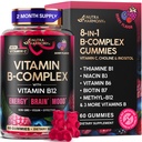 Vitamina B-Complex Gummies para Hombres - Vitamina B12, B1, B2, B3, B5, B6, B7 &amp; B9 - Complejo B con Vitamina C " Choline - Energía, Cerebro " - Natural Berry Flavor, Vegan - 60 Gummies para 2 Meses