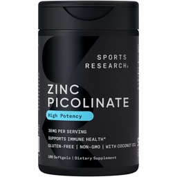 Sports Research High Potency Zinc Picolinate 30mg con aceite de coco orgánico TENIDO Altamente Absorbable Zinc Suplemento para la función de inzyme saludable - No GMO Tested &amp; Gluten-Free (180 Softgels líquidos)