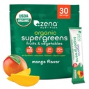 Zena Nutrition Organic Super Greens Powder, 70+ Superfoods, 0 Sugar, 3G Fiber, Spirulina, Clorella, Mushrooms, Prebióticos/Probióticos, Enzymes Digestivos para Gut Health, Mango, 30 Bebidas Mix Packets