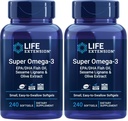 Extensión de vida Super Omega-3 EPA/DHA Fish Oil, Sesame Lignans &amp; Olive Extract – Heart, Brain, Inflammation Health Support, Gluten-Free, Easy to Swallow, Non-GMO, 240 Softgels (Pack of 2)