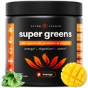 NutraChamps Super Greens Powder Premium Superfood ← 20+ Organic Green Veggie Whole Foods TEN Wheat Grass, Spirulina, Chlorella ANTE Antioxidante, Enzyme Digestivo &amp; Blends Probióticos (9.0 OZ, Mango)