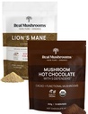 Real Mushrooms Hot Chocolate Mix (15 Servings) y Lion’s Mane (60 Servings) Powder Bundle - Mushroom Powder Supplement for Daily Immunity & Cognition Support - Gluten-Free, Non-GMO, Vegan