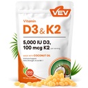 VEV Corefeel Vitamina D3 K2, 5000 UI D3 100mcg K2 (MK 7), 300 Softgels, 2-en-1 Vitamina D &amp; K Suplemento con aceite de coco, soporta la absorción de calcio y la salud ósea, fácil de absorber