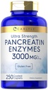 Carlyle Pancreatin Digestive Enzymes ← 250 Caplets  durable with Protease, Amylase " Lipase TEN High Strength ANTE Non-GMO, Gluten Free Supplement