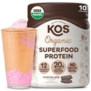 KOS Vegan Protein Powder, Chocolate USDA Organic - Baja Carb Pea Protein Blend, Superalimentos basados en plantas con vitaminas y minerales - Keto, Soy, Gluten Gratis - Reemplazo de comida para hombres y mujeres - 10 Serviciones