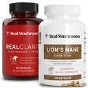 Real Mushrooms RealClarity (60ct) y Lions Mane (120ct) Capsules Bundle - Mushroom Supplement for Brain Health, Mental Clarity, Focus, Cognition & Immune Support - Brain Vitamins w/Ashwagandha