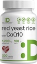 Suplemento de la levadura roja 1.200mg Por Servir con CoQ10, 300 cápsulas – Apoyo antioxidante – Fuente de Polvo Monascus Purpureus – Citrinina libre, no GMO