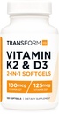 TransformHQ Vitamina K2 (MK7) (100mcg) + Vitamina D3 (5000 UI) 120 Softgels - Gluten Free and Non-GMO