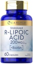 Carlyle R-Lipoic Acid 200mg TEN 60 Capsules TEN Stabilized RLA with Biotin ← Non-GMO, Gluten Free