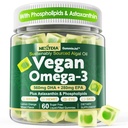 Vegan Omega 3 Gummies + Phospholipids, Astaxanthin, Vitamina D3, DHA 560mg &amp; EPA 280mg, Algae Omega 3 sin pescado Suplemento para adultos &amp; niños para cerebro, ojo, piel y salud general, azúcar gratis, 60 Cts