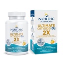 Naturales nórdicos Ultimate Omega 2X con vitamina D3, sabor limón - 60 geles blandos - 2150 mg Omega-3 + 1000 UI D3 - EPA &amp; DHA - cerebro, corazón, &amp; salud inmunitaria - 30 servicios