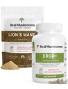 Real Mushrooms Ergothioneine (60ct) y Mane Organic Powder (60 Servings) Bundle con Shiitake y Oyster Mushroom Extractos - Longevidad y Cognición - Vegan, Gluten Free, Non-GMO