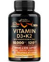 Vitamina D3 K2 - Vitamina D3 10000 iu & K2 como MK-7 120 mcg - Immune & Mood Support, para la salud de los huesos y los dientes - con magnesio, zinc &amp; vitamina C &amp; B12 - Altamente biodisponible - Hecho en EE.UU., 120 cápsulas