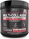 Péptidos Multi Collagen Premium Pólvora Proteína (1, 2, 3, 5 &amp; 10) con Vitamina C, Biotina, Ácido Hialurónico, para la piel del cabello y uñas - Marine, Bovine, Pollo &amp; Eggshell (Strawberry, 45 Servings)